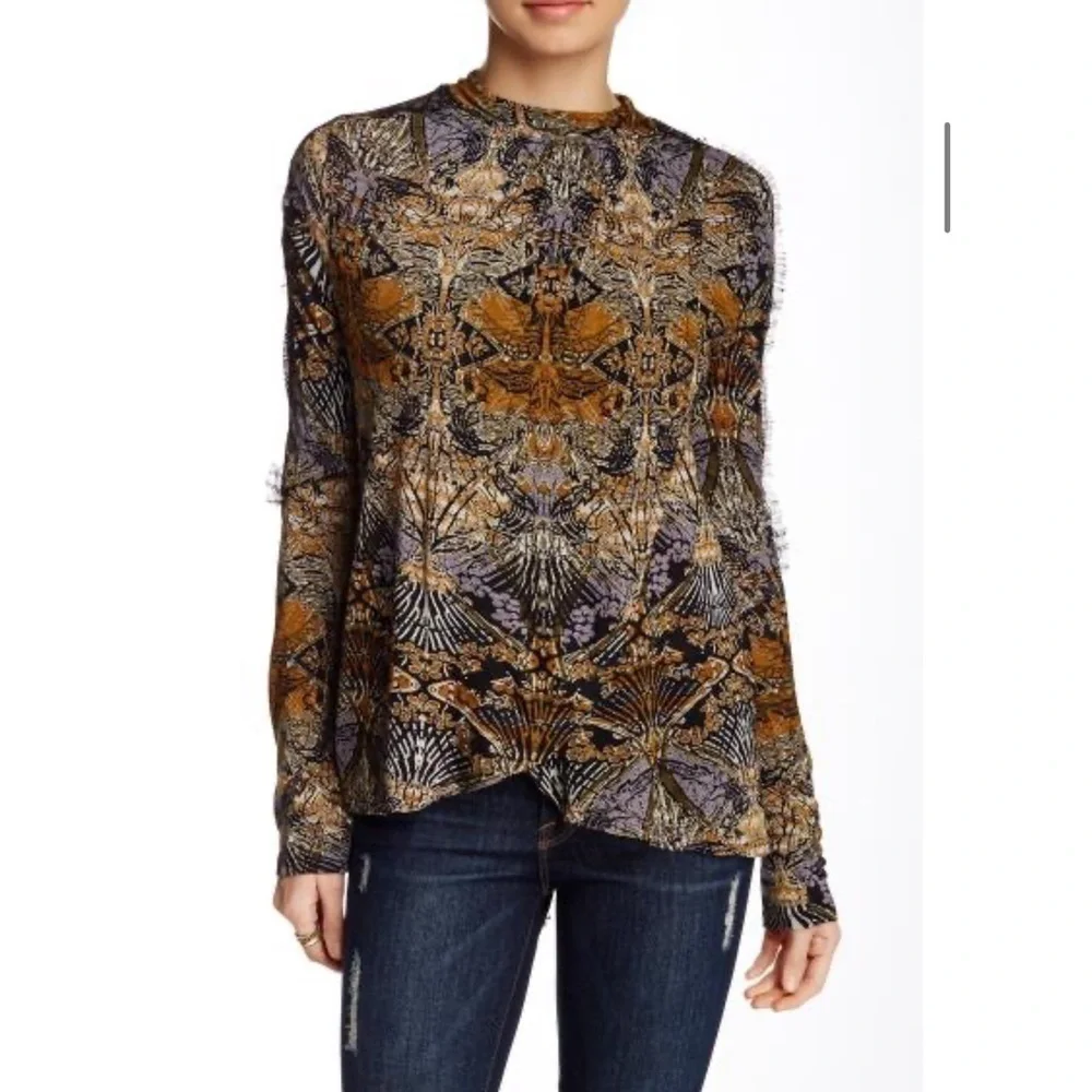 Free People blouse New World Nouveau lace trim crossover front keyhole back